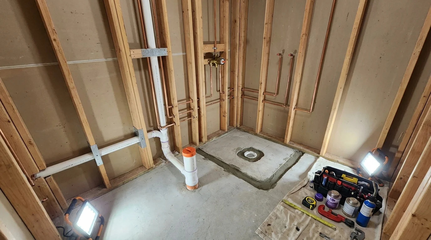 Bathroom rough-in plumbing during remodel by Johns Plumbing LLC in Jupiter